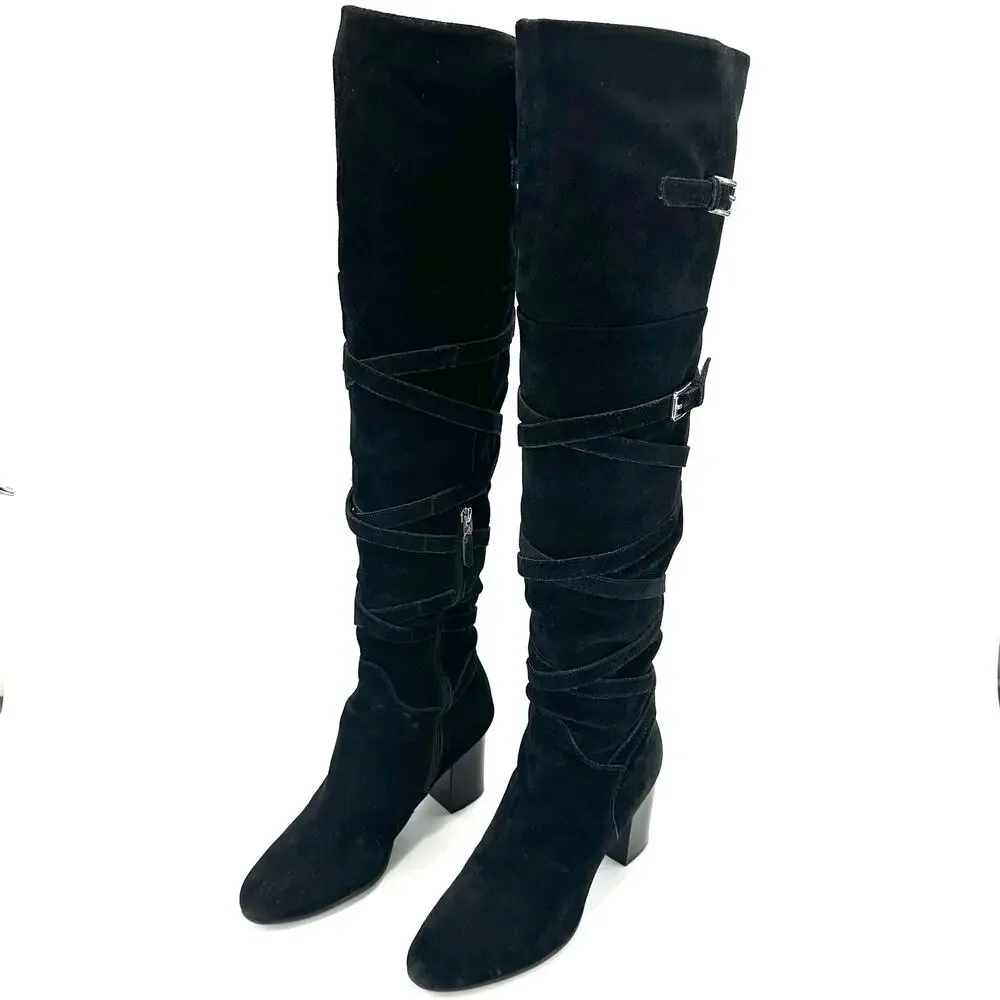 Sam Edelman Sable Black Over-The-Knee Boot Sz 9.5 Suede Heeled Adjustable Straps